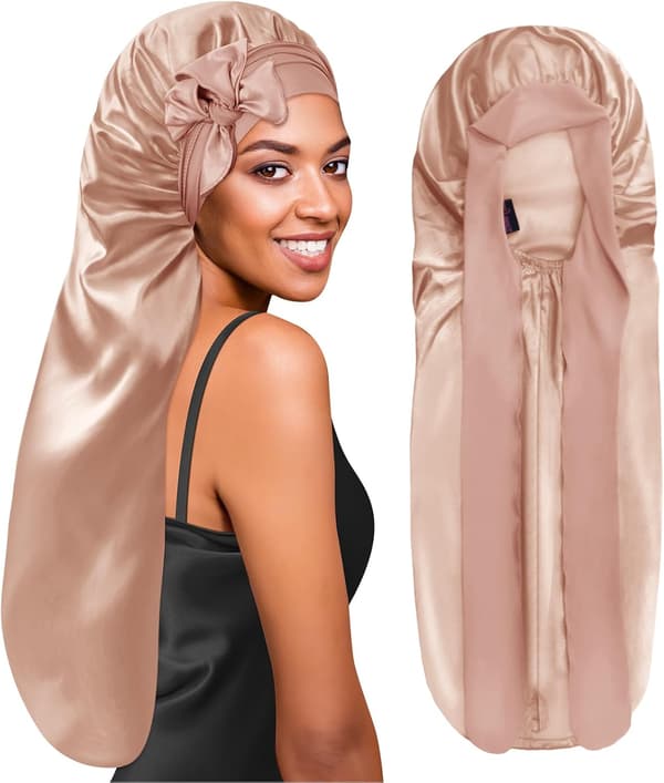 【BQ】Extra lång sovmössa i satin, lämplig för långt lockigt hår, flätor, champagnefärg