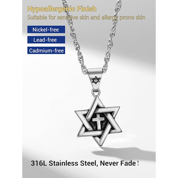 Davidsstjerne vedhæng, rustfrit stål, lang halskæde, velegnet til fritid/fester/begivenheder Silver Cross