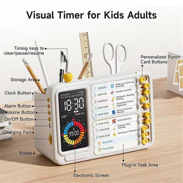 Visuel timer til børn og voksne, ADHD-timer med planlægningstavle til skemaer, opgavetimer, visuel timer til småbørn, lydløs timer CJY White