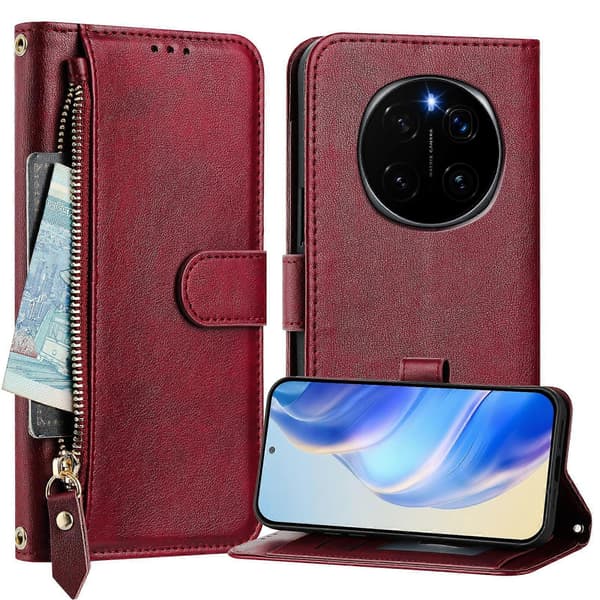 Compatible with Honor Magic7 Pro 5G Case Zipper Pocket Multiple Card Slots Leather Phone CaseCJY Red