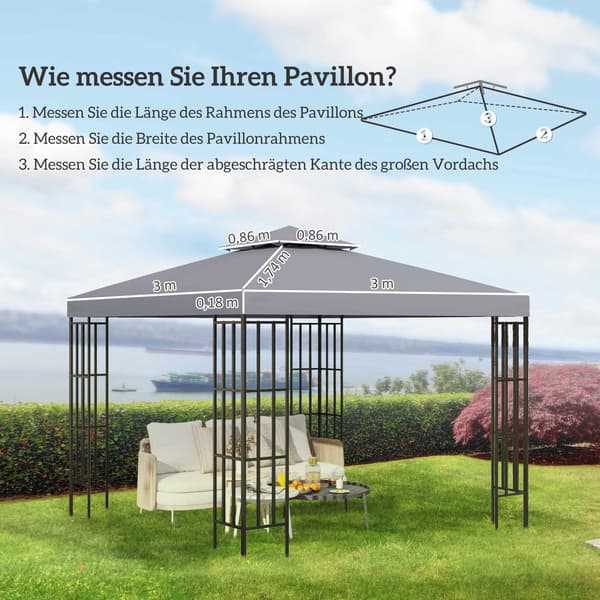 Erstatningstak for 3x3m paviljong, vanntett, lysegrå CJY 2500