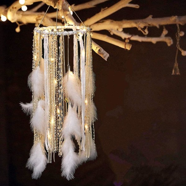 Sxbd Dream Catcher Mobile Large Light Up Drømmefangere med gyldne skinnende blonder og klokker Led Fairy Lights Batteridrevet hængende ornamenter- 7,9wx 22l