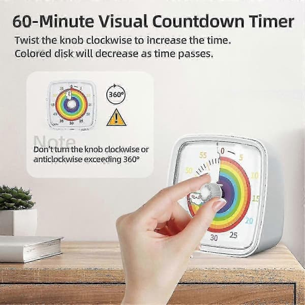 Regnbue mønster visuel timer med natlys, 60-minutters nedtælling til børn og voksne White