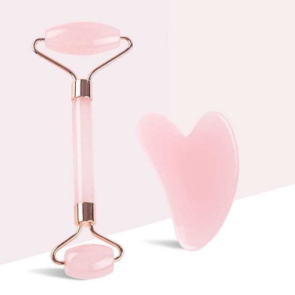 Rosa Rosékvarts Jade Massager Roller Gua Sha Skrapa Set Naturlig Kristallsten Gua Sha Bräde Ansiktsrulle Hudvård Skönhetsverktyg