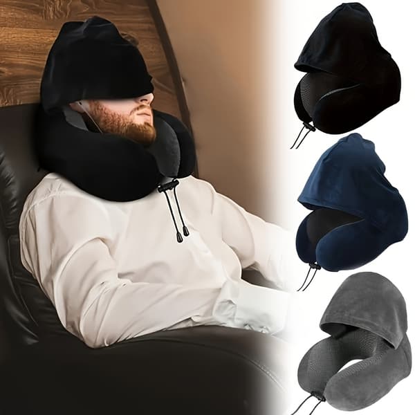 Justerbar U-formet nakkepute med hette, polyester, håndvaskbar, bilreise/utendørs Black