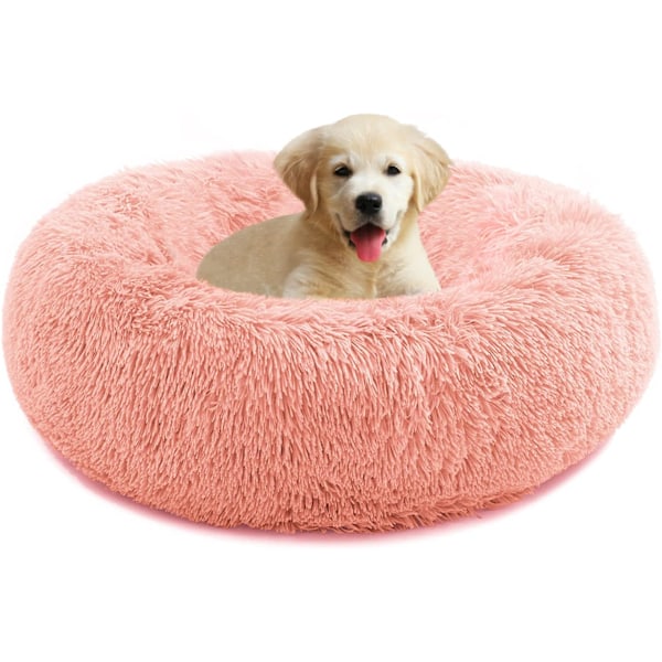 Hundebed, Donutformet Kattebed, Fluffy Soothing Dyrebed med Avtakbart Vaskbart Trekk, Myk Lang Plysj, 60cm, Rosa