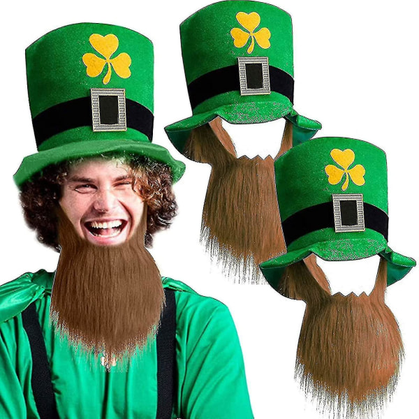 2 Pack St. Patricks festhat St. Patricks Day Tilbehør Grøn Leprechaun Top hat med brunt skæg Til mænd Kvinder Teenagere, Shamrocks Velvet Irish Day C