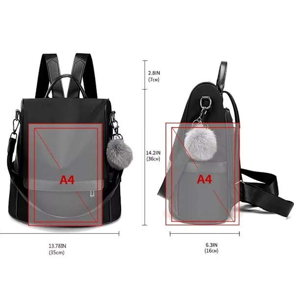 Stöldskyddande PU Läder Ryggsäck för Kvinnor Casual Handväska Rese Axelväska Messenger Bag Black