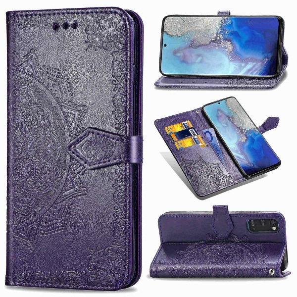 Preget Mandala lommebok skinnstativ beskyttelsesdeksel for Samsung Galaxy S20 4G/S20 5G Purple Style F Samsung Galaxy S20 4G