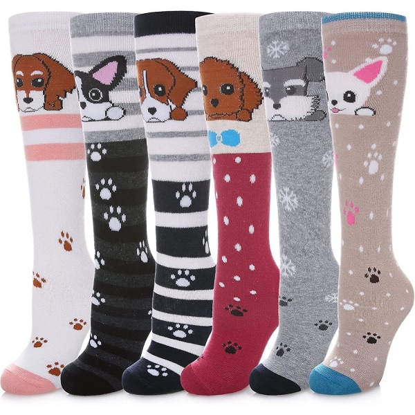 3-12 år gamla flickor Knähöga strumpor Barn Söt Galet Rolig Djurmönster Lång känga Dog Socks