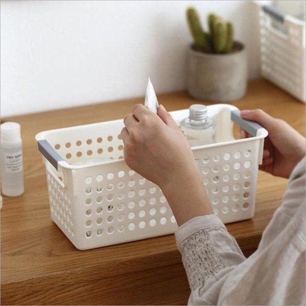 Slim Plastic Storage Basket, Rectangular Organizer Box with Non-Slip Handles, Ventilation Design Sturdy Storage Bin for Home Office, Stackable