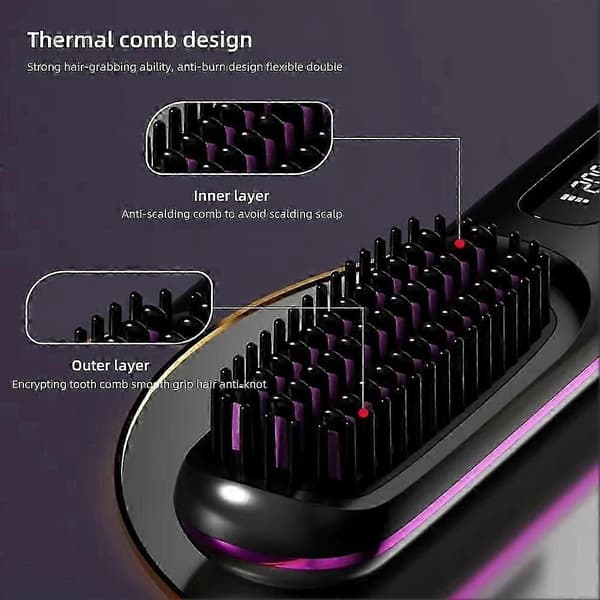 Cordless heated brush / straightening brush - Electric ceramic brush with USB, LCD and ion function, rechargeableCJY