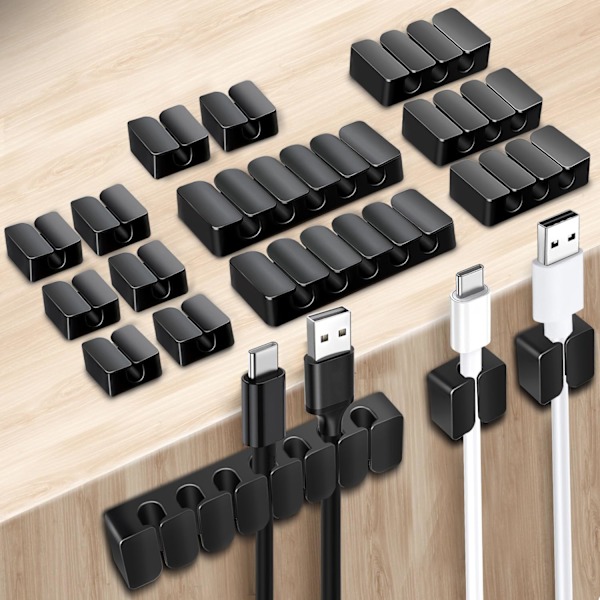 16 stk Kabelklemmer Ledningsorganisator Svart Kabelhåndtering Ledningsholder Silikon Selvklebende Lader Ledningsholder Kabelklemme