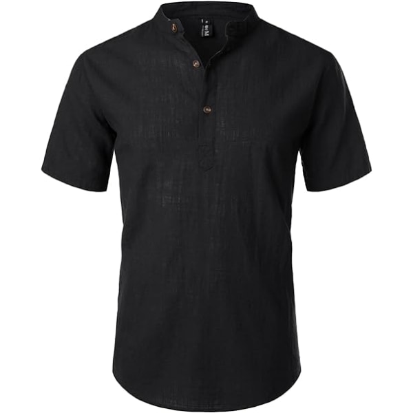 Casual för män, kortärmad bomullslinne, Henley-skjorta sommar Lättviktsbandad krage strandtröjor