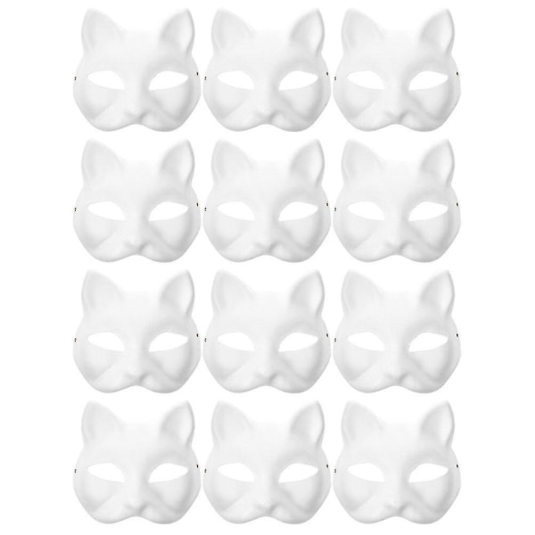 12 stk Blanke Kattmasker Kostyme Cosplay Maske Barnehage DIY Umalt Kattmaske