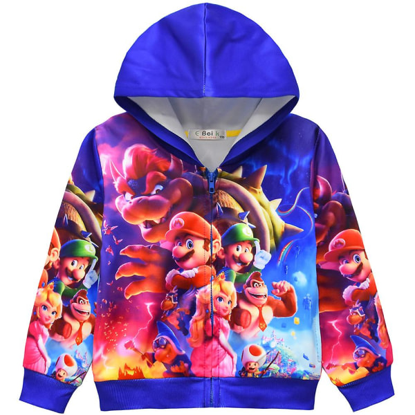 Super Mario 3D Digital Print Børne Hoodie med Lynlås - Casual Langærmet Hættetrøje - Yderbeklædning - Julegave - Fødselsdagsgave til Børn 7-8 Years