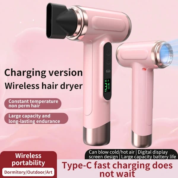 Latest Generation Cordless Hair Dryer, 200W, 15,000mAh, USB Rechargeable and Adjustable