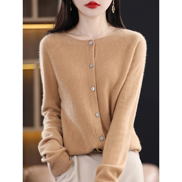 Addonee Dame 100% Merinouldtrøje Kaskemir Rundhals Cardigan Raglan Ærme Klassisk Strikket Ensfarvet Ensfarvet Hion Basisbeklædning Guld Kamel Gold Camel XL