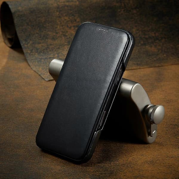 Fierre Shann Top Layer Cowhide Business Magnetic Leather Phone Case Black For iPhone 16 Pro Max