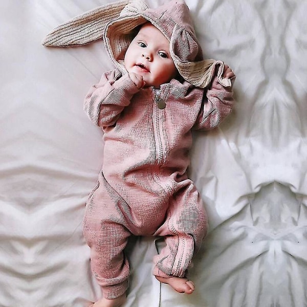 Baby Romper Kanin Bunny Ear Hætte Jumpsuit Lynlås One Piece Pyjamas Pink 9 12 Months