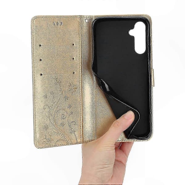 Fjärilsdesign Läderfodral med Ställplånbok för Galaxy A55 5G Gold
