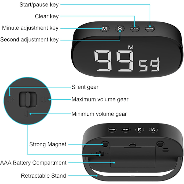 (Sort) Magnetisk køkkenur med stort LCD-display, digitalt køkkenur