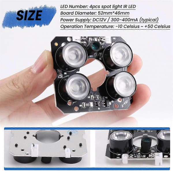 4-array IR LED-spotlight Infrarød 4x IR LED-kort for CCTV-kameraer nattsyn (52 mm diameter) black  gray