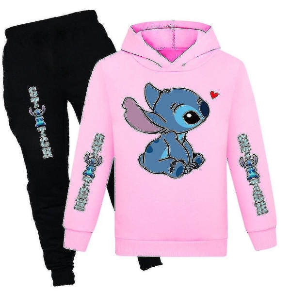 7-14 år Lilo & Stitch Børnetræningsdragt Sæt Hættetrøje Bukser Outfit Activewear Gave Pink 13-14 Years