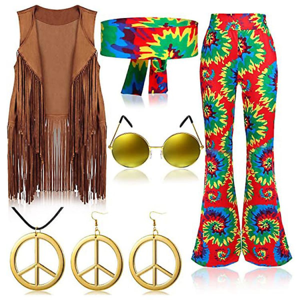 70-luvun Hippi Party Retro-asu Tupsuliivi+housut+huivi Puku