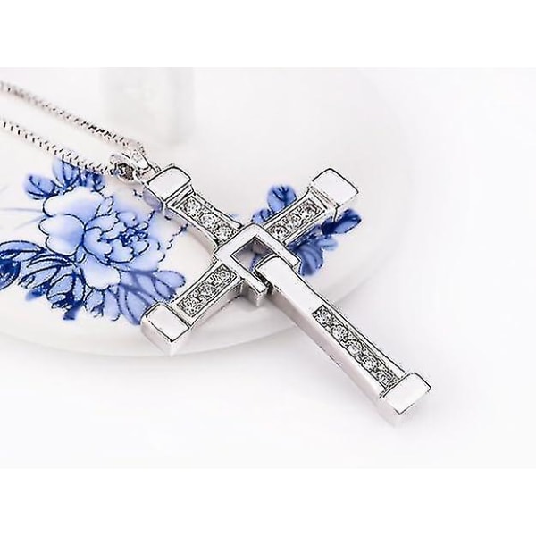 925 Sterling Sølv ekte Rhinestone Cz Fast And Furious 7 Cross Charm Anheng Halskjede For Menn