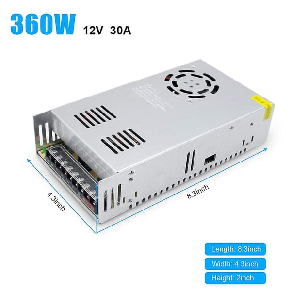 12V 30A 360W, DC universell regulert strømforsyning, omformer AC 110/220V til DC 12 Volt LED-driver, transformator, adapter for LED-stripebelysning