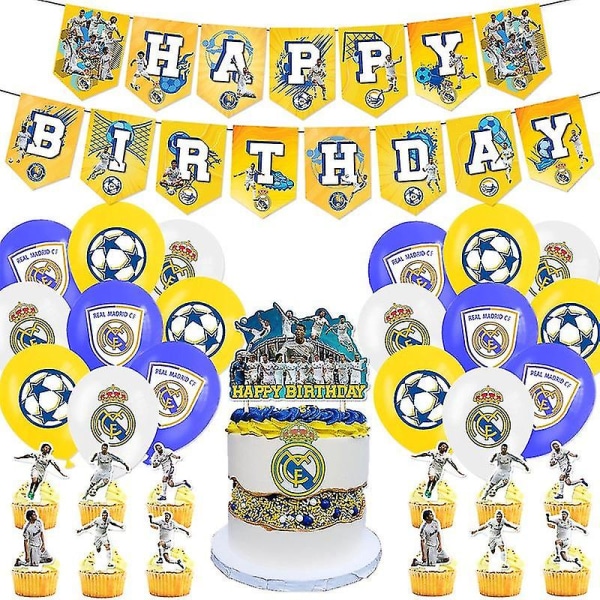 Real Madrid-tema FödelsedagsfestdekorationFan Pojke Fotbollslag Födelsedag Flagga Tårta Insert Ballong
