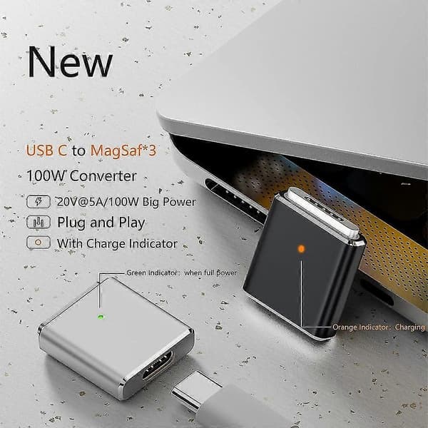 Kompatibel med MagSafe 3 USB-C hunn til magnetisk PD 100W ladeadapter for MacBook - Sølv Dark grey Style A