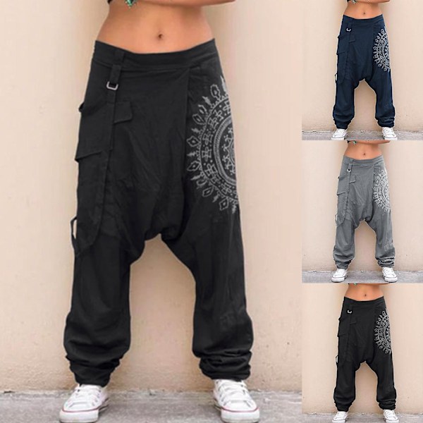 Fianao Kvinder Lav Talje Drop Crotch Retro Print Slappe Baggy Bukser Løse Harem Bukser - WELLNGS Sort Hvid White S