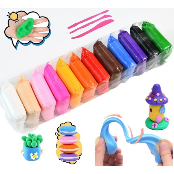 Barnlera 12 färger Modellerlera Magic Clay Lufttorkande Ultralätt Giftfri med 3 verktyg Lek Lera Kreativt hantverk för förskolabarn