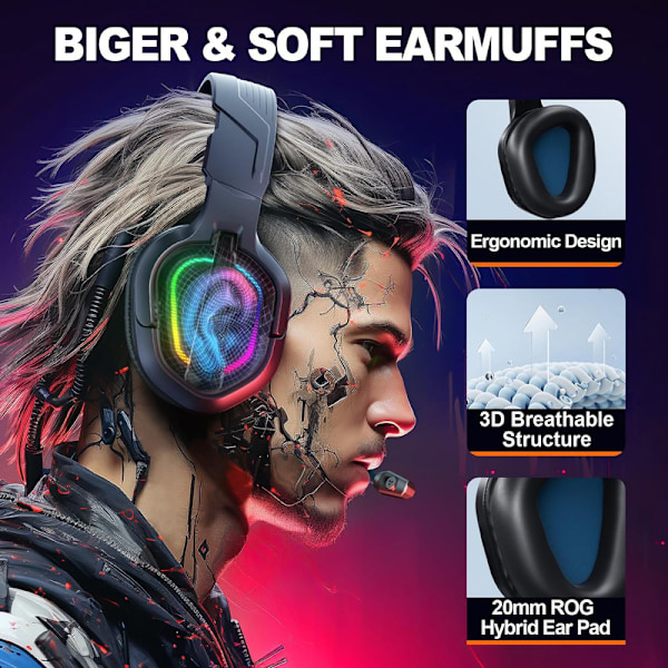 PG2 RGB Gaming Headset til PS4/PC/Xbox/Nintendo Switch, PS5 Headset med Mic,