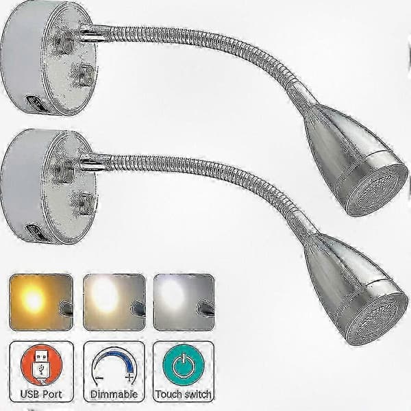 2025 12V 24V LED Læselampe med USB-oplader, Dæmpbar autocamperlys til lastbil, trailer, sengekant, 2-pak sort silver