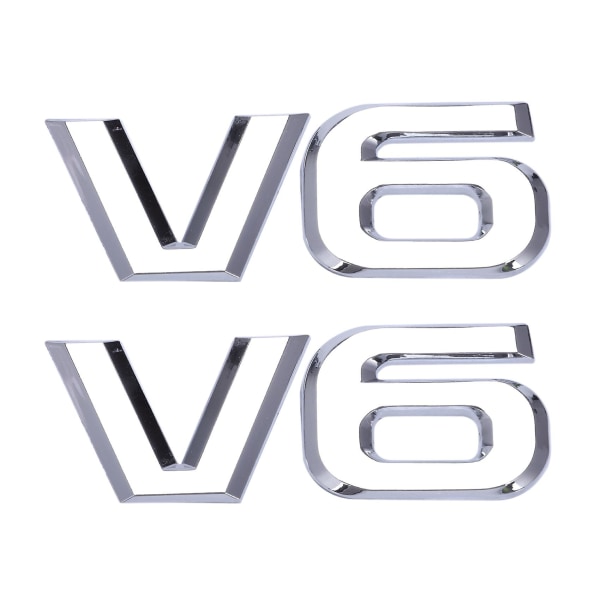 2x sølvfarget metall V6, klistremerke, bilmerke / emblem