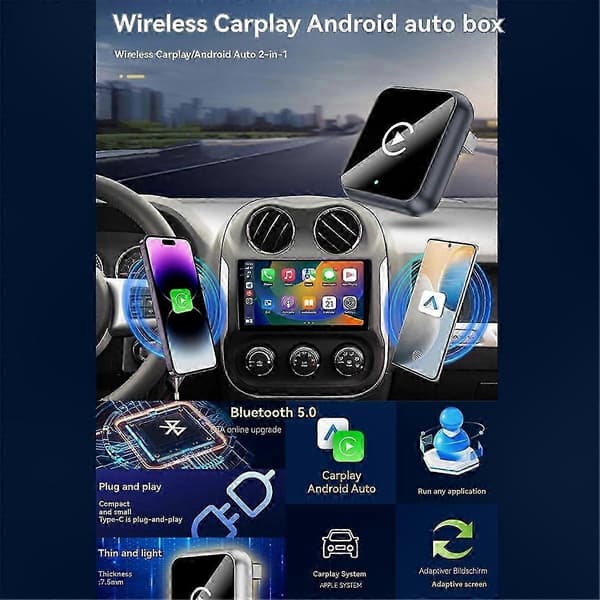 2-i-1 trådlös CarPlay-adapter för iOS och Android Smart Auto Box Black