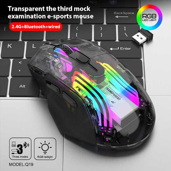 Bluetooth Trådløs Mus, Tri-Mode 2.4G/USB-C/Bluetooth Mus Opptil 3600 DPI, Chroma RGB Bakgrunnsbelyst, Transparent Mekanisk Gamingmus, Kul USB-Mus