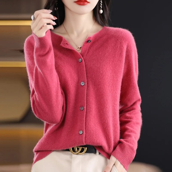 Addonee Dame 100% Merinouldtrøje Kaskemir Rundhals Cardigan Raglan Ærme Klassisk Strikket Ensfarvet Ensfarvet Hion Basisbeklædning Rosa Pink M