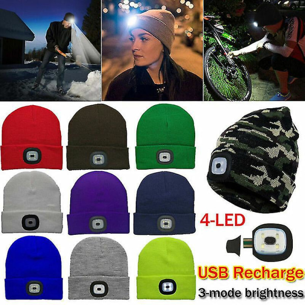 Unisex Led Beanie Hat Med Usb Genopladeligt Batteri Højdrevet Lys Forlygte camouflage green