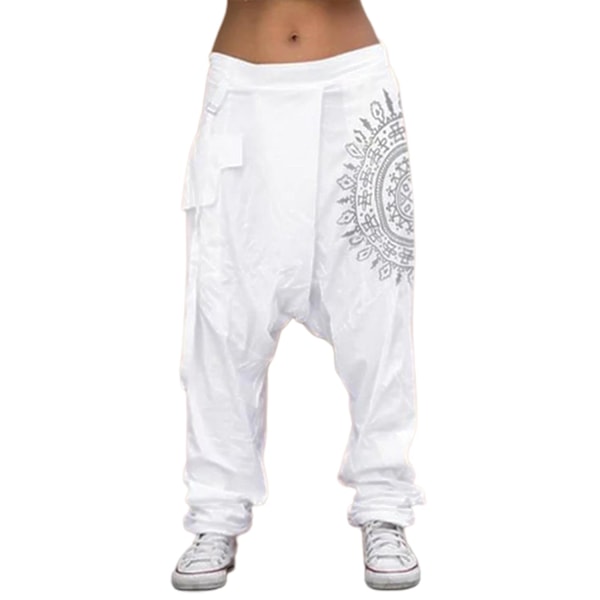 Fianao Kvinder Lav Talje Drop Crotch Retro Print Slappe Baggy Bukser Løse Harem Bukser-WELLNGS Hvid Hvid White M