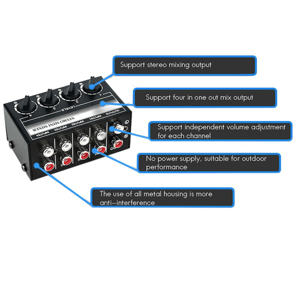 4-kanals Stereo Audio Mixer Support Rca Input og Output Mini Passiv Stereo Mixer med Separat V