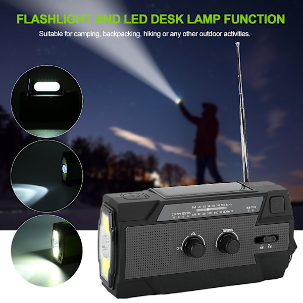 MD‑090P Aurinkokenno- ja käsikampi taskulamppu herätyskelloradio USB-latauksella FM/AM/NOAA-taajuudet Musta US-versio
