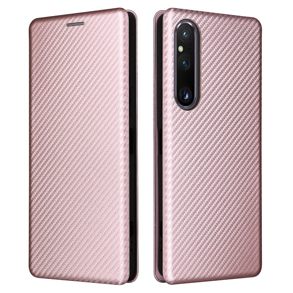 Til Sony Xperia 1 V Stand Pu Læder Telefon Taske Carbon Fiber Texture Kortholder Telefon Cover Rose Gold
