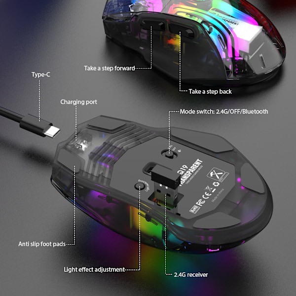 Bluetooth Trådløs Mus, Tri-Mode 2.4G/USB-C/Bluetooth Mus Opptil 3600 DPI, Chroma RGB Bakgrunnsbelyst, Transparent Mekanisk Gamingmus, Kul USB-Mus