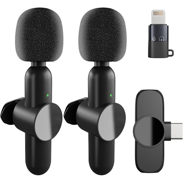 Trådløs Lavalier Mikrofon, 10 timers batterilevetid til IOS & Android, Bærbar black, 2 pcs