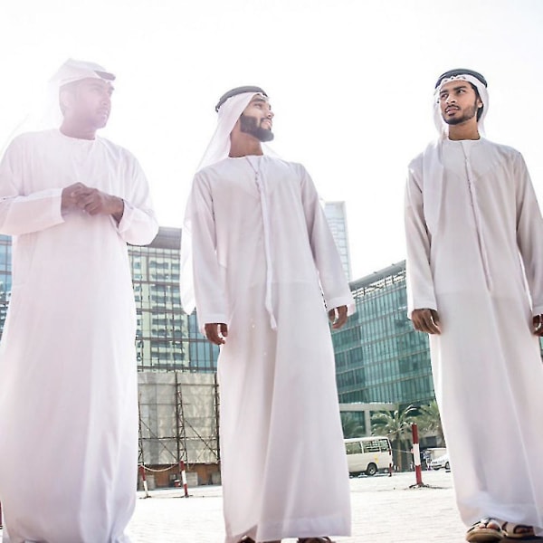 3stk muslimske mænd sæt Abaya Robe+turban+pandebånd O-hals Hvid islamisk Saudi Arabisk Bøn Ramadan-tøj Dubai Kaftan-kjole 54 White