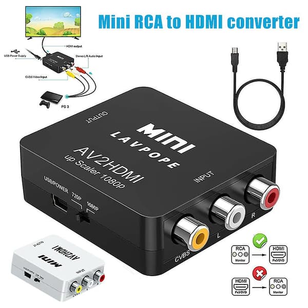 RCA till HDMI 1080P AV till HDMI Videoomvandlaradapter som stöder PAL/NTSC PC Laptop White